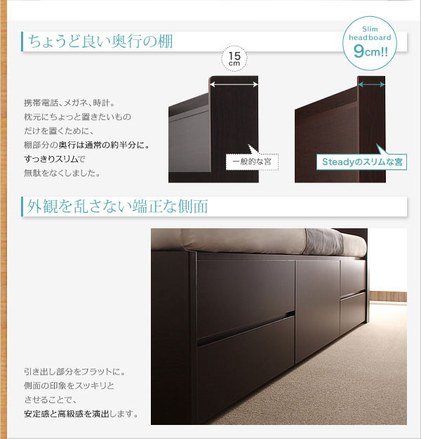 スリムなヘッドボードと収納引き出し