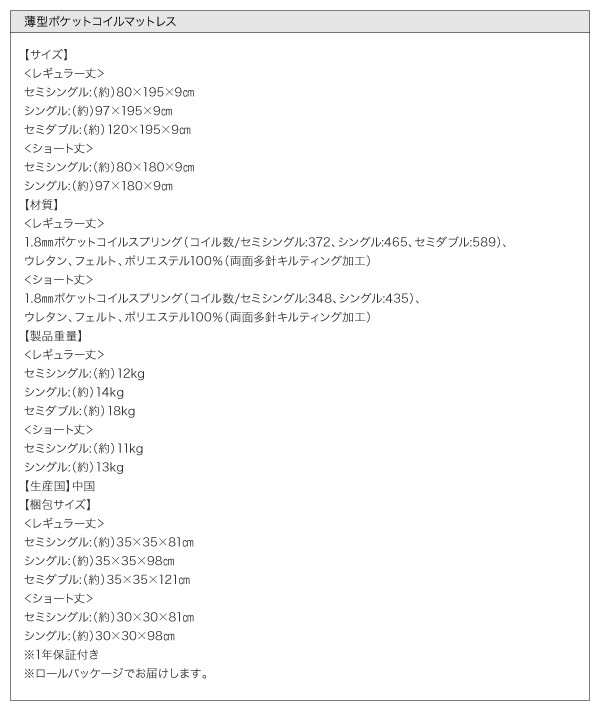 薄型ポケットコイルマットレス詳細
