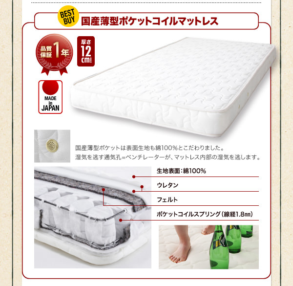 国産薄型ポケットコイルマットレス