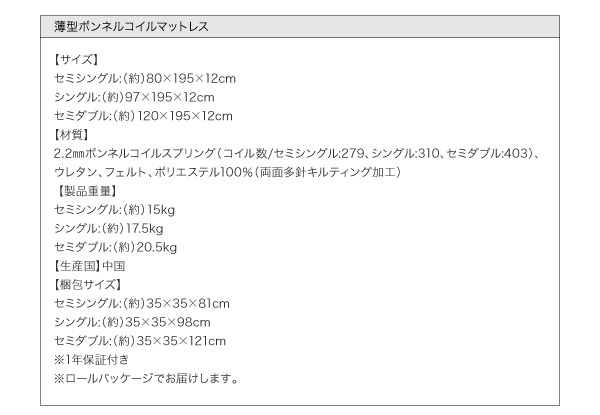 薄型ボンネルコイルマットレス詳細