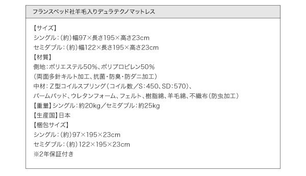 羊毛入りデュラテクノマットレス詳細
