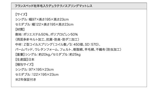 羊毛入りデュラテクノマットレス詳細