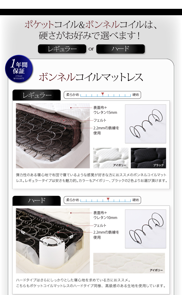 ポケットコイルとボンネルコイルは硬さが選べます。