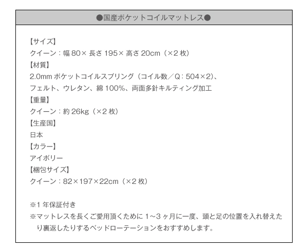 国産ポケットコイルマットレス詳細