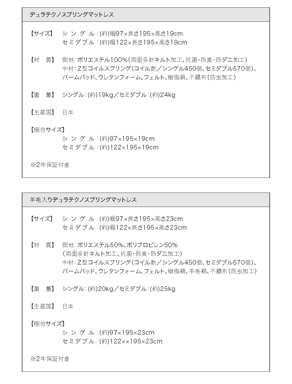 羊毛入りデュラテクノマットレス詳細