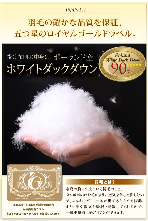 羽毛の確かな品質を保証。五つ星のロイヤルゴールドラベル。