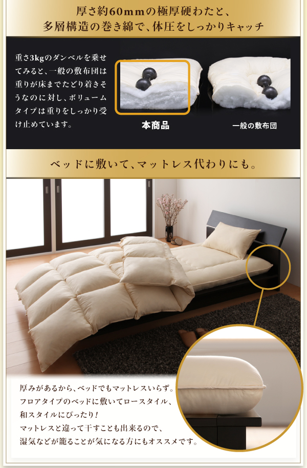 厚さ約60cmの極厚硬わたと、多層構造の巻き綿で、体圧をしっかりキャッチ