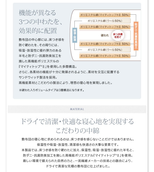 機能が異なる3つの中綿