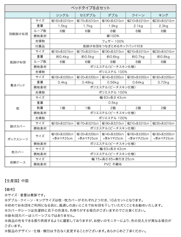 羽根布団 ベッドタイプ8点セット詳細