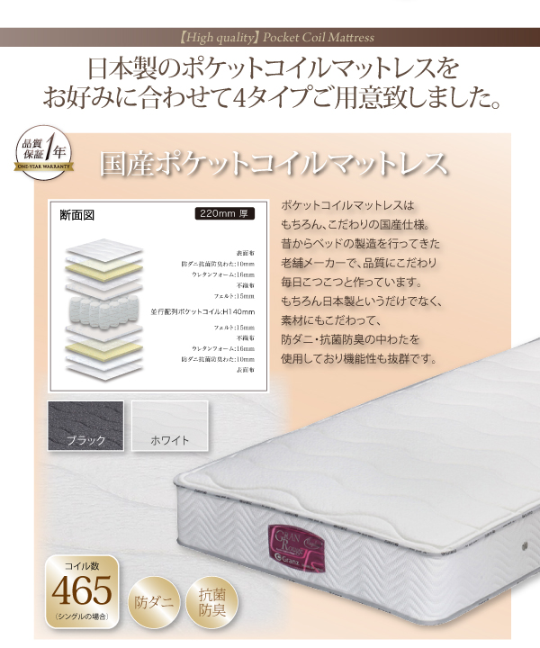 日本製のポケットコイルマットレス4タイプご用意しました。