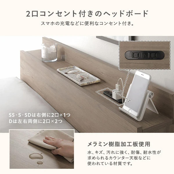 棚＆２口コンセント付のヘッドボード