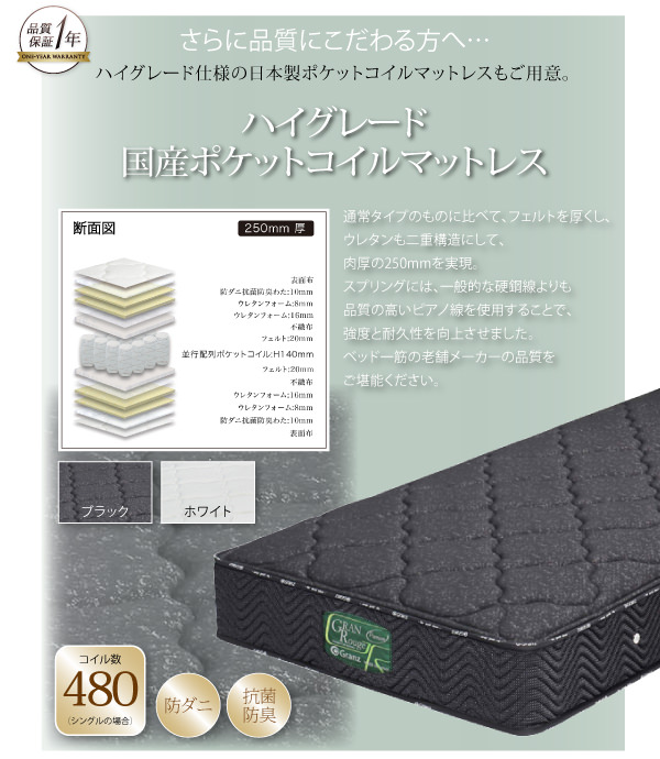 ハイグレード国産ポケットコイルマットレス