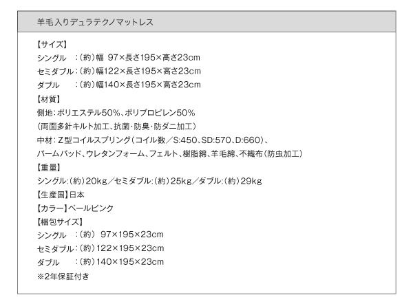 羊毛入りデュラテクノマットレス詳細