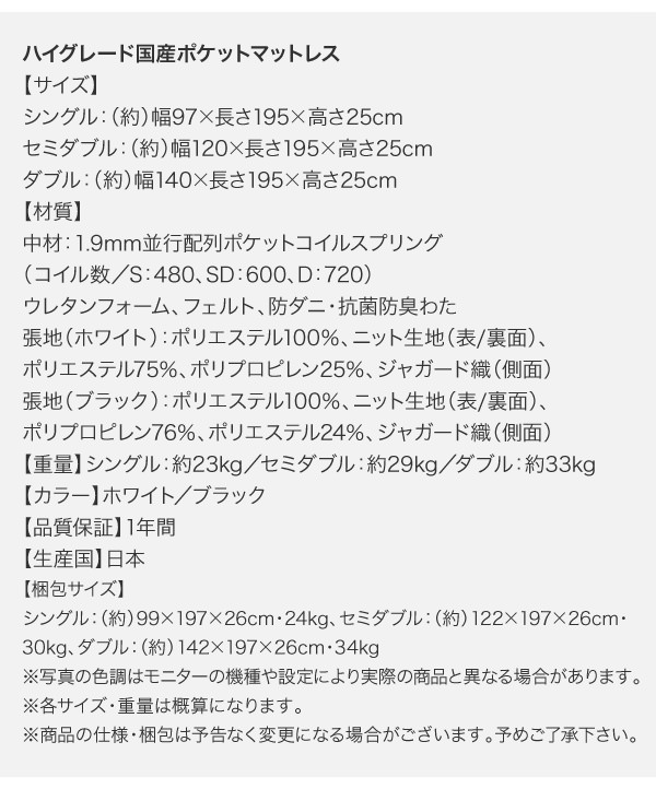 ハイグレード国産ポケットコイルマットレス 詳細
