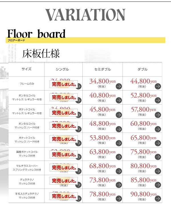 とこ板仕様タイプ別価格