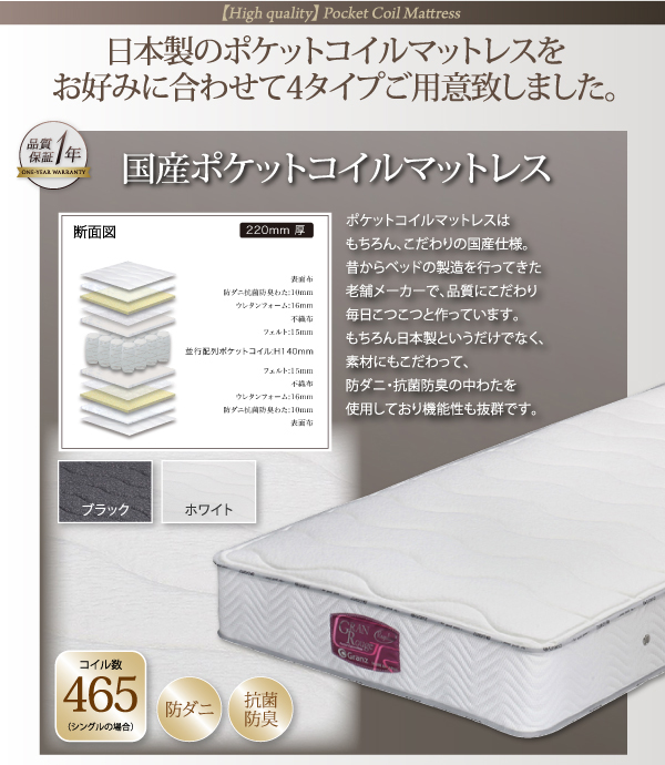 日本製ポケットコイルマットレスを4タイプ
