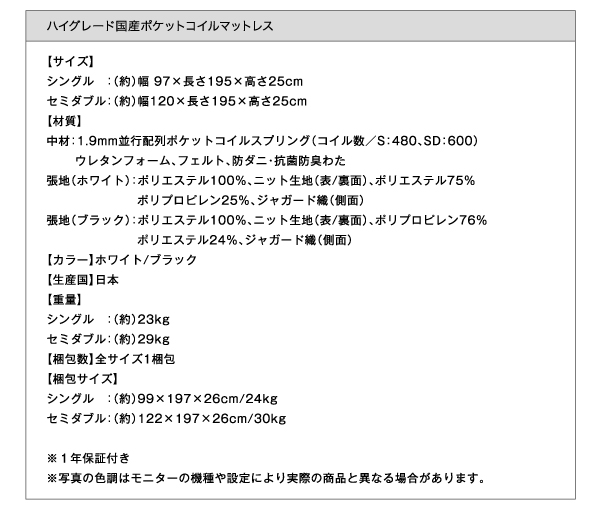ハイグレード国産ポケットコイルマットレス詳細