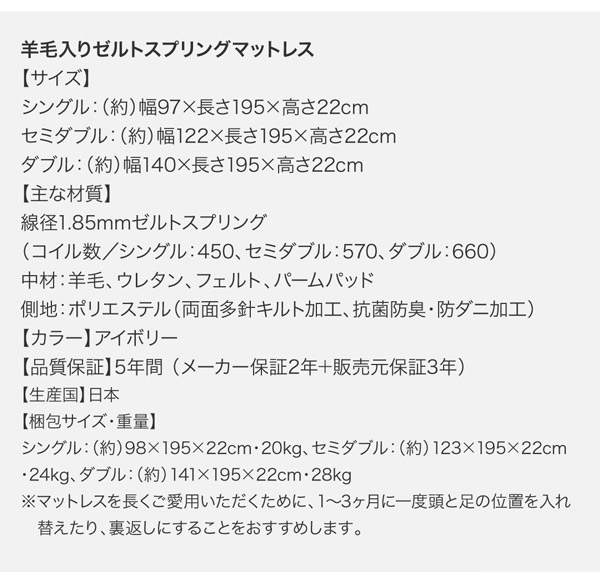 羊毛入りゼルトスプリングマットレス詳細