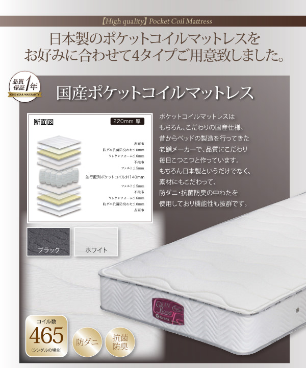 日本製ポケットコイルマットレスを4タイプ用意しました。