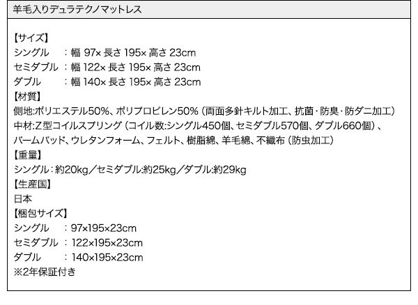 羊毛入りデュラテクノマットレス詳細