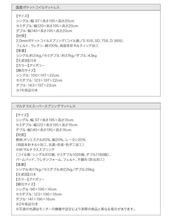 国産ポケット・マルチラスマットレス詳細