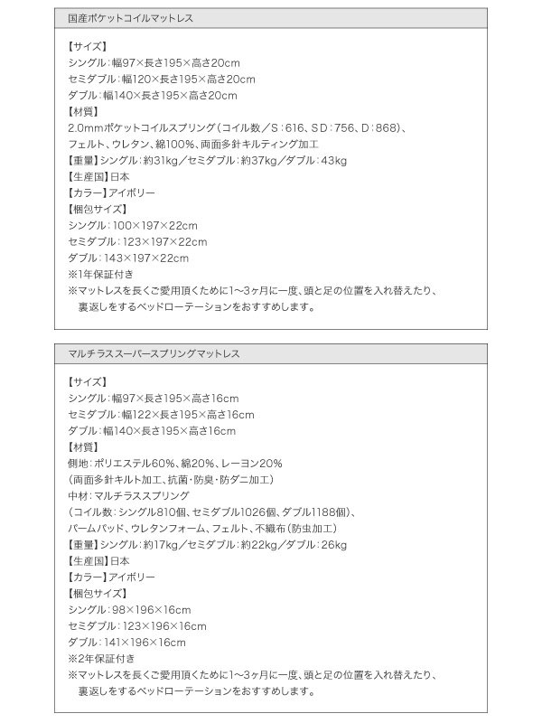 国産ポケットコイル、マルチラスマットレス
