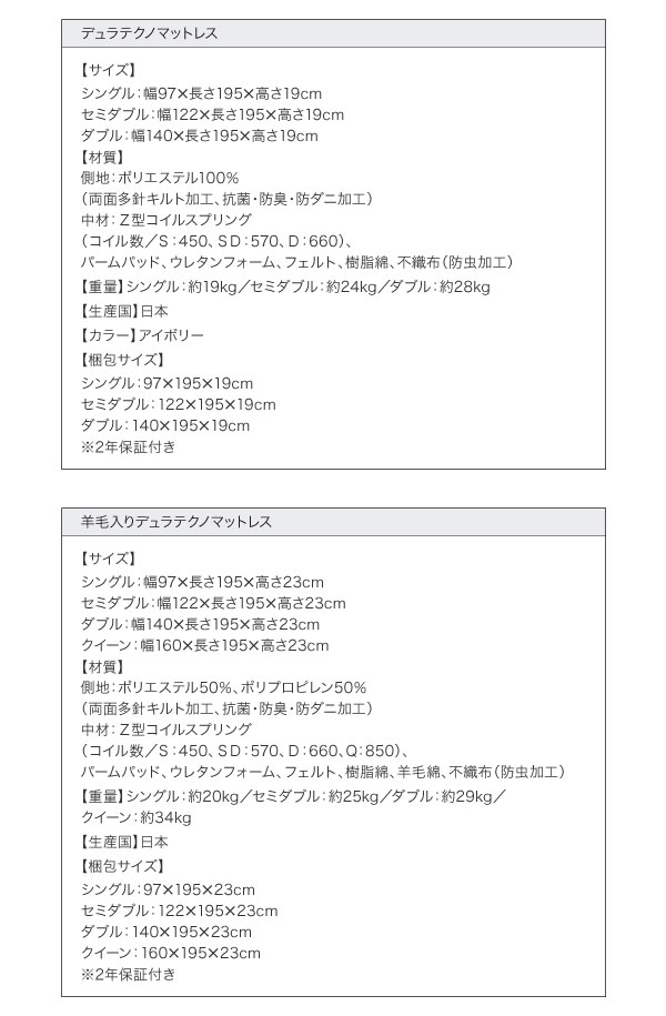 羊毛入りデュラテクノマットレス詳細