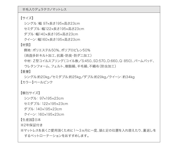 羊毛入りデュラテクノマットレス詳細