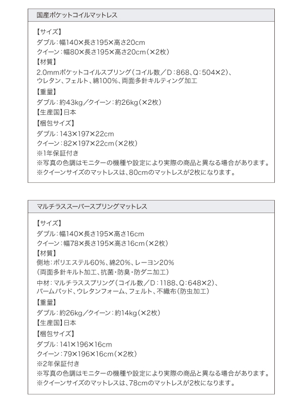 国産ポケット・マルチラスマットレス詳細