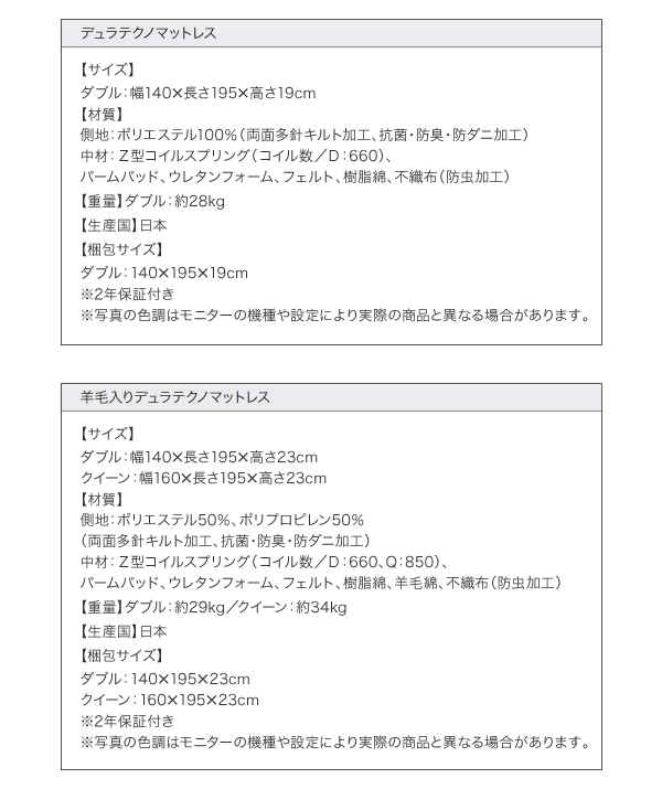 羊毛入りデュラテクノマットレス詳細