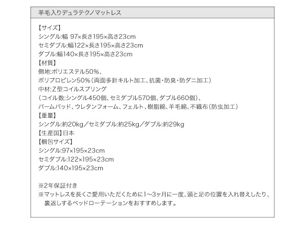 羊毛入りデュラテクノマットレス詳細
