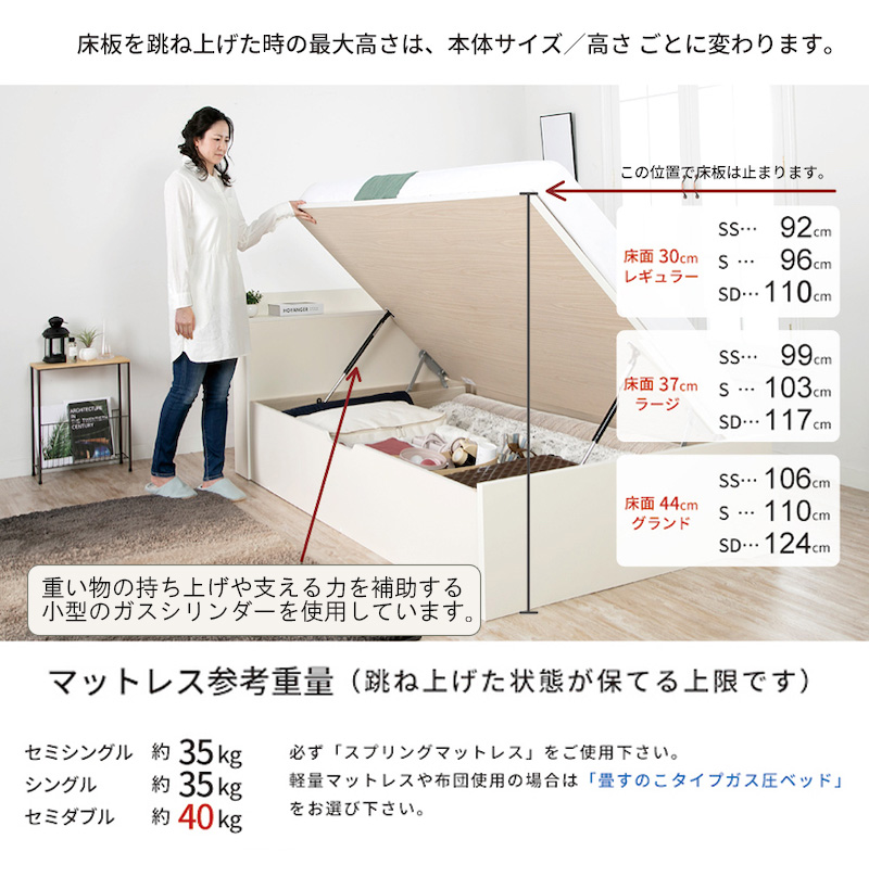 床板を跳ね上げた時の最大高さ