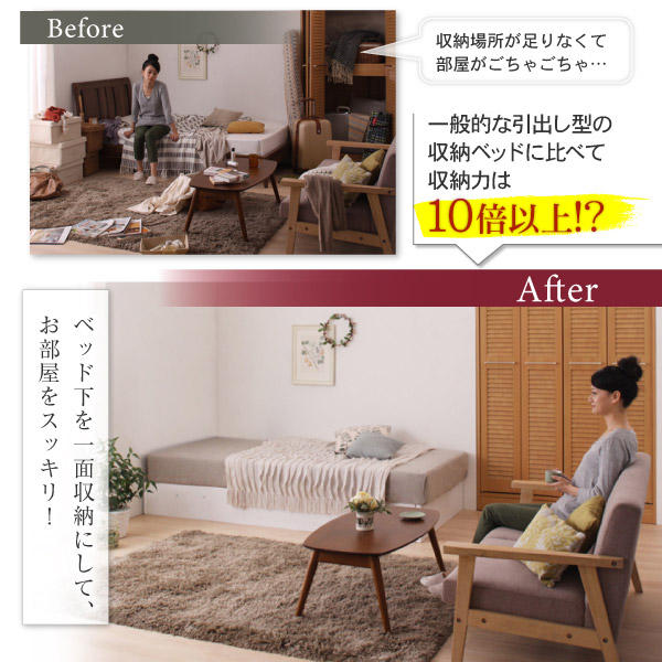 一般的な引出し型の収納ベッドに比べて収納力は10倍以上?