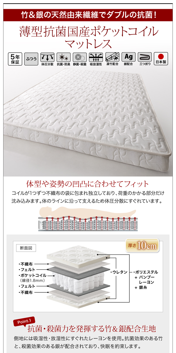 薄型抗菌国産ポケットコイルマットレス