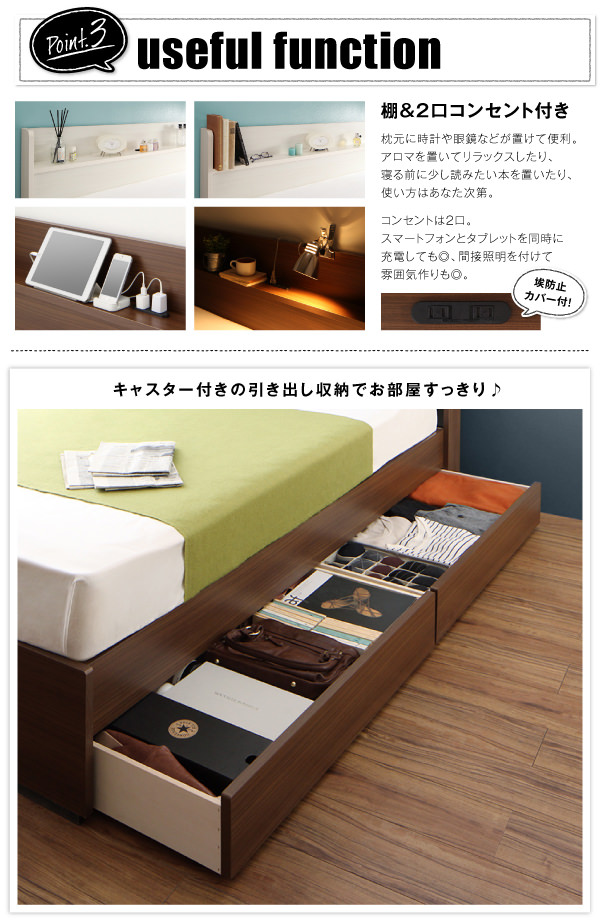 組み立て簡単！日本製 収納付きベッド【Lacomita】ラコミタ ポケットマットレス付き セミダブル