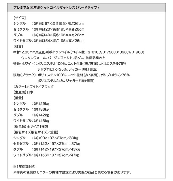 プレミアム国産ポケットコイルマットレス詳細