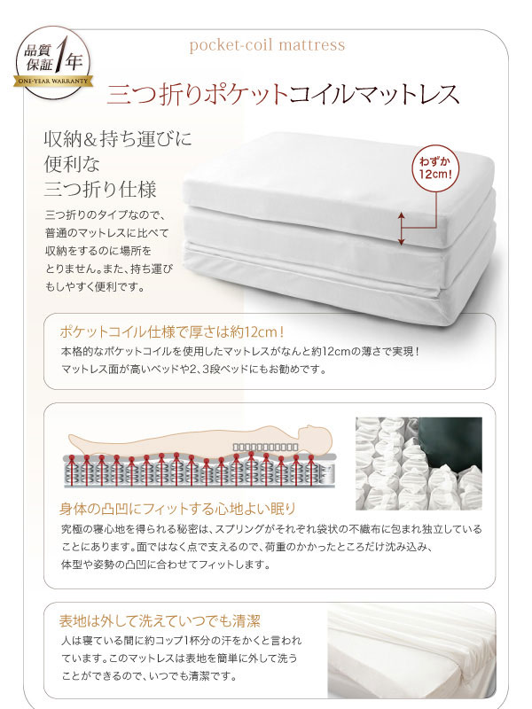 三つ折りポケットコイルマットレス