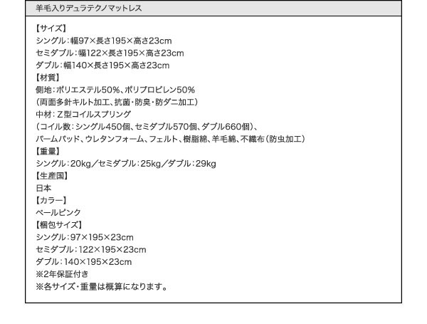 羊毛入りデュラテクノマットレス詳細