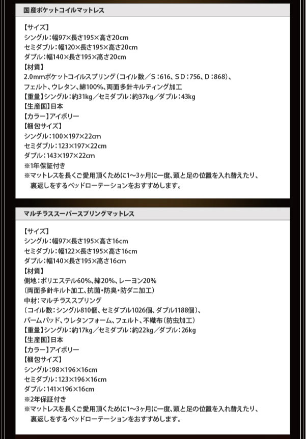 国産ポケット・マルチラスマットレス詳細