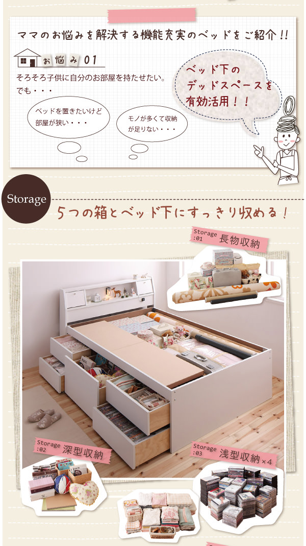 5つの箱とベッド下にすっきり収める!