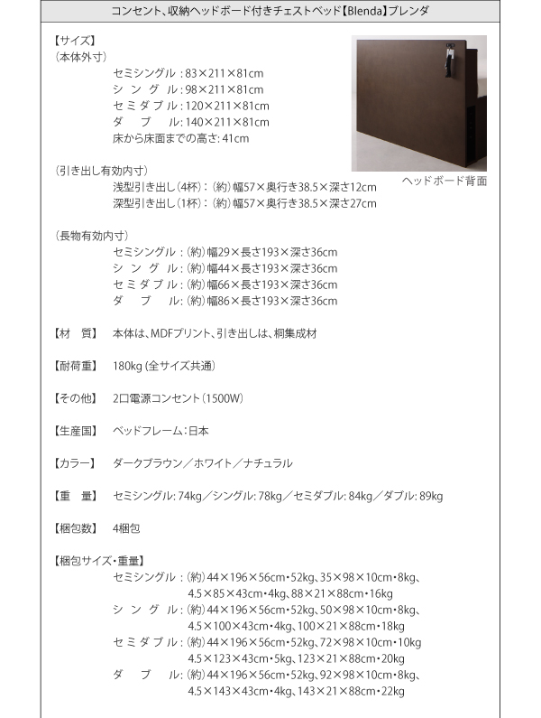 収納ヘッドボード付きチェストベッド【Blenda】ブレンダ