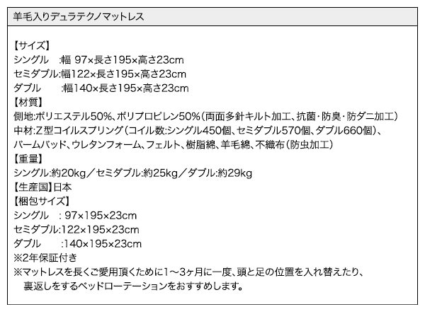 羊毛入りデュラテクノマットレス詳細