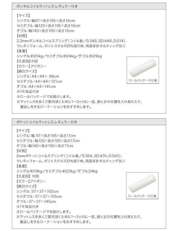 ボンネルコイルマットレス:レギュラータイプ詳細