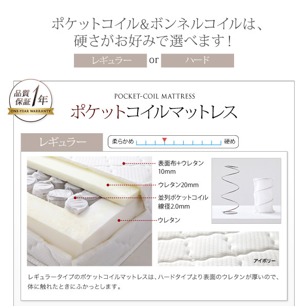 ポケットコイルとボンネルコイルは硬さが選べます。