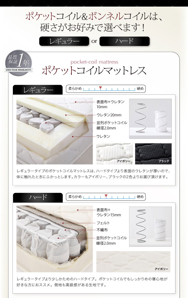 ポケットコイルとボンネルコイルは硬さが選べます。