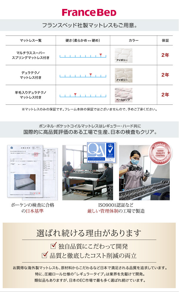 フランスベッド社製マットレスもご用意。