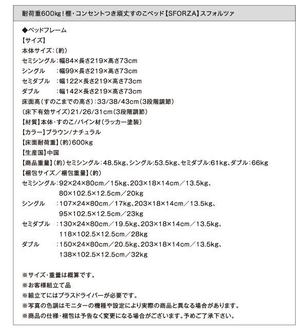 耐荷重600kg 頑丈!すのこベッド【SFORZA】スフォルツァ詳細