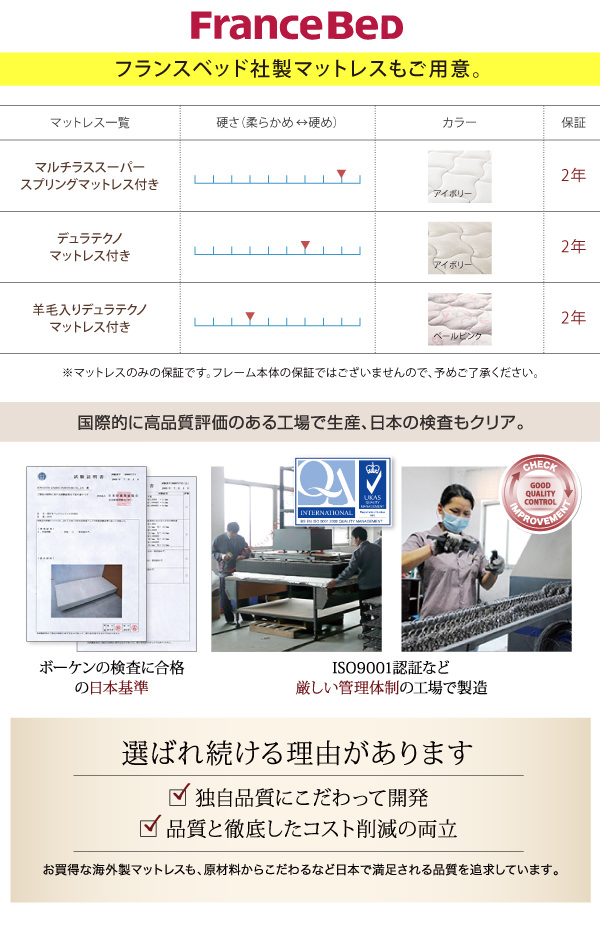 フランスベッド社製マットレスもご用意。
