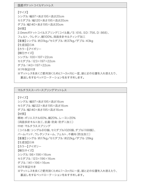 国産ポケット・マルチラスマットレス詳細