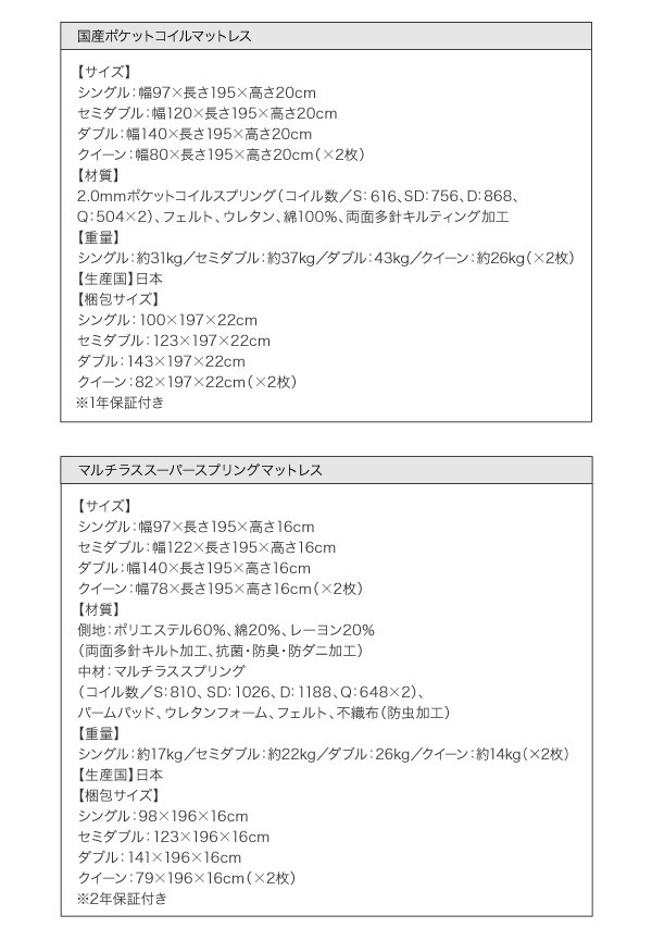 国産ポケット・マルチラスマットレス詳細